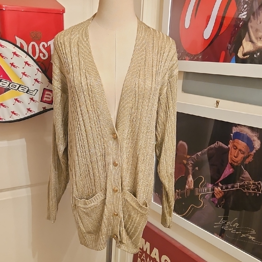 Magnolia Womens Shimmering Gold Cardigan Sweater